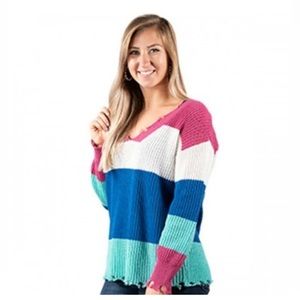 Simply Southern Small Bright Striped Distressed Long Sleeve V Neck Sweater